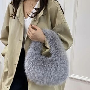 Gray Plush Faux Fur Women's Handbag